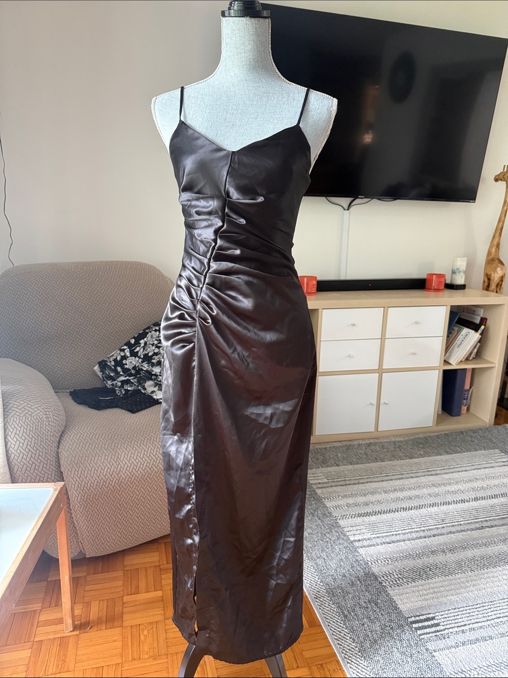 Zara Satin Ruched Slip Dress in Black
